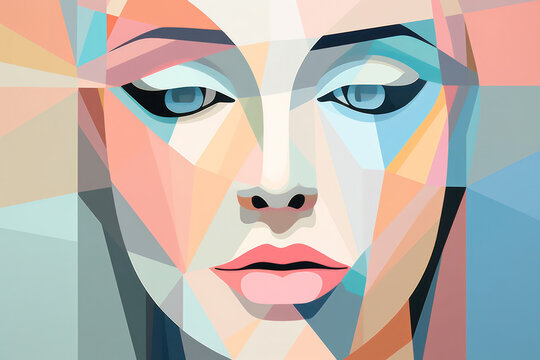 Abstract Beauty: A Colorful Portrait Transformation of a Young Woman with Fashionable Style and Creative Makeup on a Modern Illustration Background