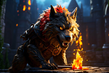 menacing werewolf invading a medieval town in 3D