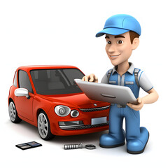 Mechanic using diagnostic software on a car isolated on white background, png
