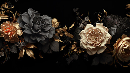 Against a rich black background,a captivating arrangement unfolds – black flowers intertwine with delicate white blooms and shimmering gold blossoms.This composition creates a stunning visual symphony