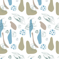 Seamless abstract pattern with birds in blue and beige tones. Vector pattern for fabric, textile, background, card, design, wallpaper.