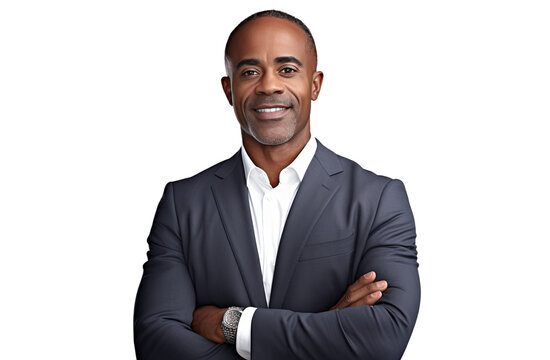 Middle Aged smiling African American business man in a suit with his arms crossed.isolated on transparent background PNG