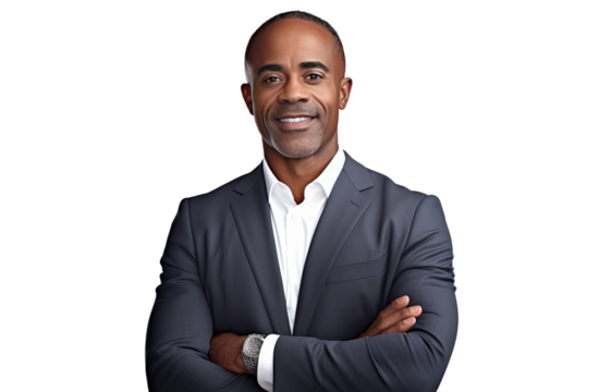 Middle Aged smiling African American business man in a suit with his arms crossed.isolated on transparent background PNG