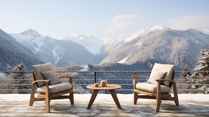 cozy terrace,adorned with small coffee table and inviting armchairs,sits amidst a serene winter...