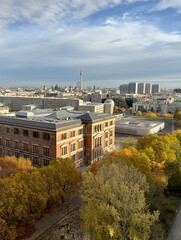 A vertical view of the Berlin skyline in autumn. 