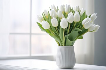 Elegant white tulip bouquet in the vase, Generative AI