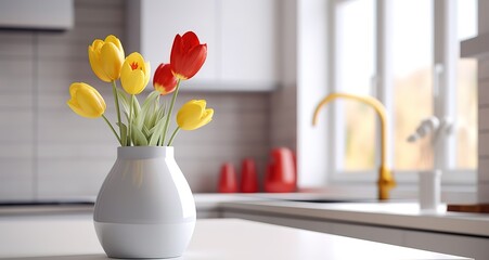 Red and yellow flowers in a vase in the photo on a white table. generative AI