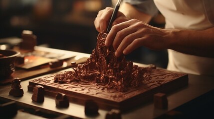 A high-definition image of a French chocolatier's hands expertly crafting a delicate chocolate sculpture. Highlight the precision and artistry involved in the process. - obrazy, fototapety, plakaty