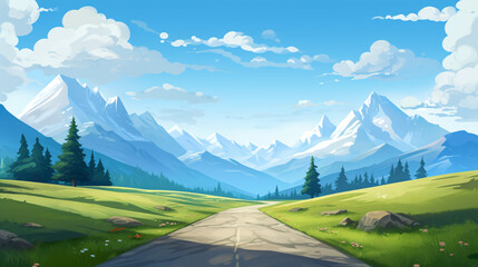 The perspective offers a captivating view the road stretching straight up into the sky, surrounded by realistic mountains.This visually striking scene provides ample space for text, inviting creative.