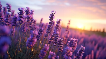 A stretch of lavender flowers blooming purple with a beautiful sunset view - obrazy, fototapety, plakaty