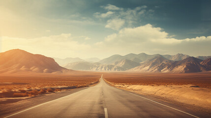 Fototapeta premium The perspective offers a captivating view the road stretching straight up into the sky, surrounded by realistic mountains.This visually striking scene provides ample space for text, inviting creative.