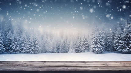 Amidst a winter snow landscape, an empty rustic wooden table, dusted with snow, sets the stage for a festive Xmas winter background. This charming scene, perfect for Christmas card, background.product