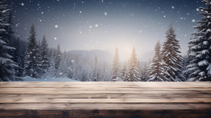 Amidst a winter snow landscape, an empty rustic wooden table, dusted with snow, sets the stage for a festive Xmas winter background. This charming scene, perfect for Christmas card, background.product