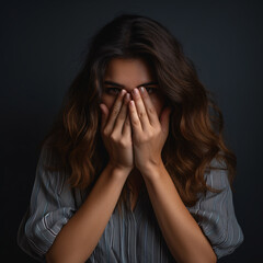 A woman, in an emotive gesture, covers her eyes with her hands, conveying a sense of mystery, vulnerability, or perhaps surprise. The image captures a moment of introspection or anticipation,