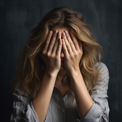 Fototapeta premium A woman, in an emotive gesture, covers her eyes with her hands, conveying a sense of mystery, vulnerability, or perhaps surprise. The image captures a moment of introspection or anticipation,