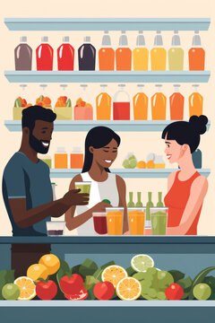 Happy Couple Shopping for Fresh Food in a Cartoon Supermarket Interior