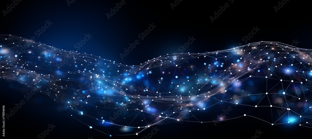 Poster blue cyberspace background with dots and weave lines for big data, metaverse, and network security