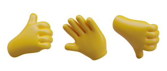 Yellow realistic hands show different gestures. Cheers, thumbs up and down. Popular signs and symbols. Set of isolated vector illustrations in plasticine style