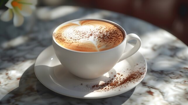 cup of cappuccino, robust and velvety cappuccino, crowned with foamy milk and finished with a dusting of cocoa powder, served in a classic cup and saucer