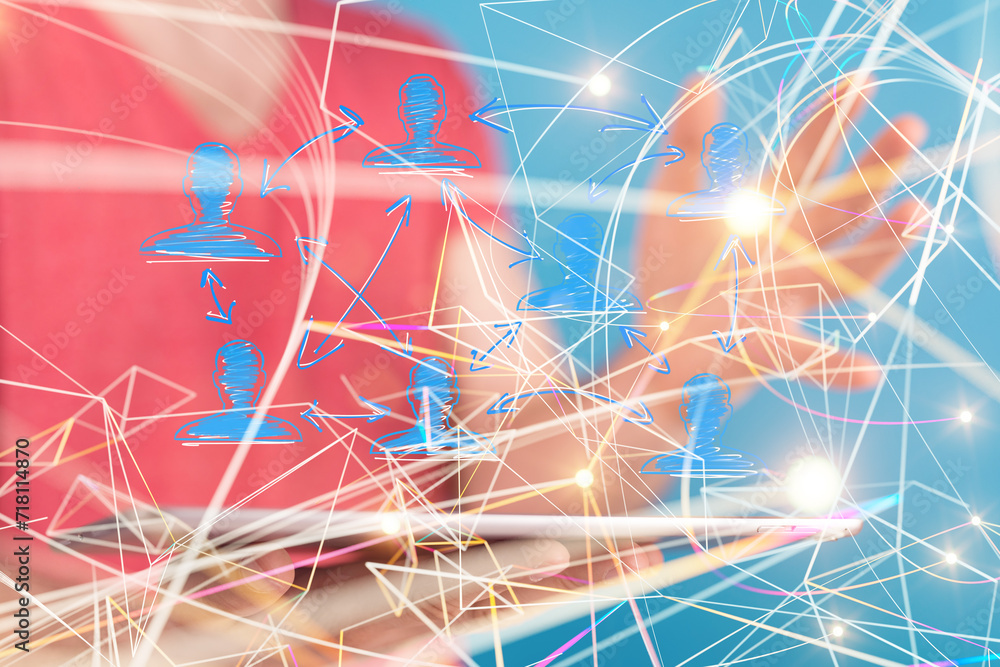Poster Neural network 3D illustration. Big data and cybersecurity