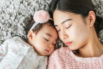 Young mother sleeping with child spending time lying on carpet floor sofa kid daughter family love care happiness joy smiling parents lifestyle relaxation home cute toddler mom young cheerful person
