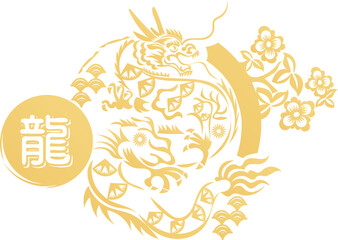 hand-drawn Chinese dragon and flower illustrations in luxurious golden hues