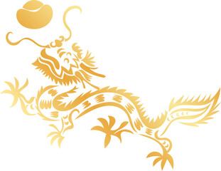 hand-drawn Chinese dragon and flower illustrations in luxurious golden hues