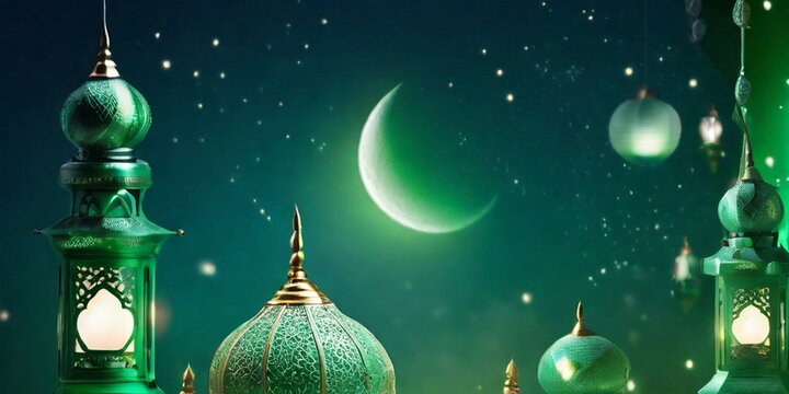 3d Crecent moon and lantern for Ramadan and Eid background design template with mosque for Muslim festival