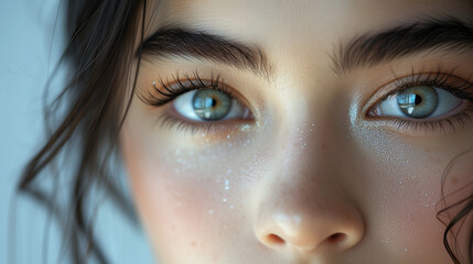 Fototapeta premium A captivating close-up eyes headshot of a young woman with a focus on her eyes, and long lashes. image showcases her clear skin, mascara skincare cosmetic advertising natural makeup 