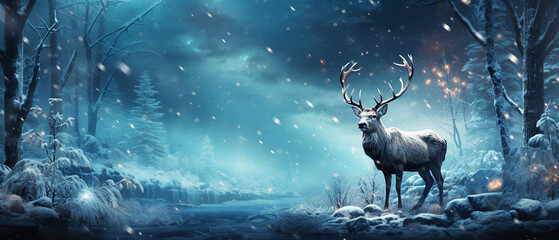 Fantasy winter wildlife landscape with deer in the forest and falling snowflakes - obrazy, fototapety, plakaty