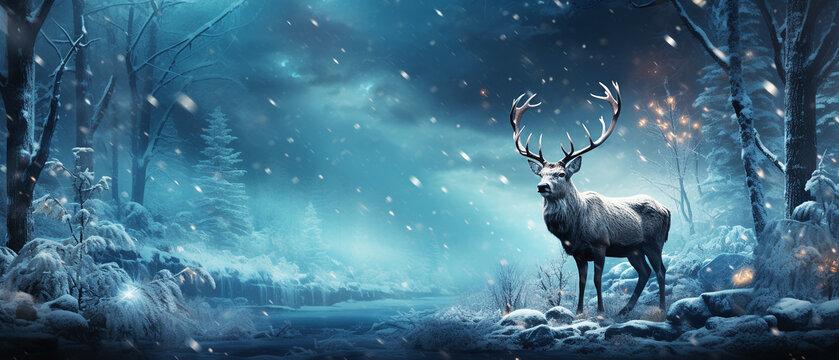 Fantasy winter wildlife landscape with deer in the forest and falling snowflakes