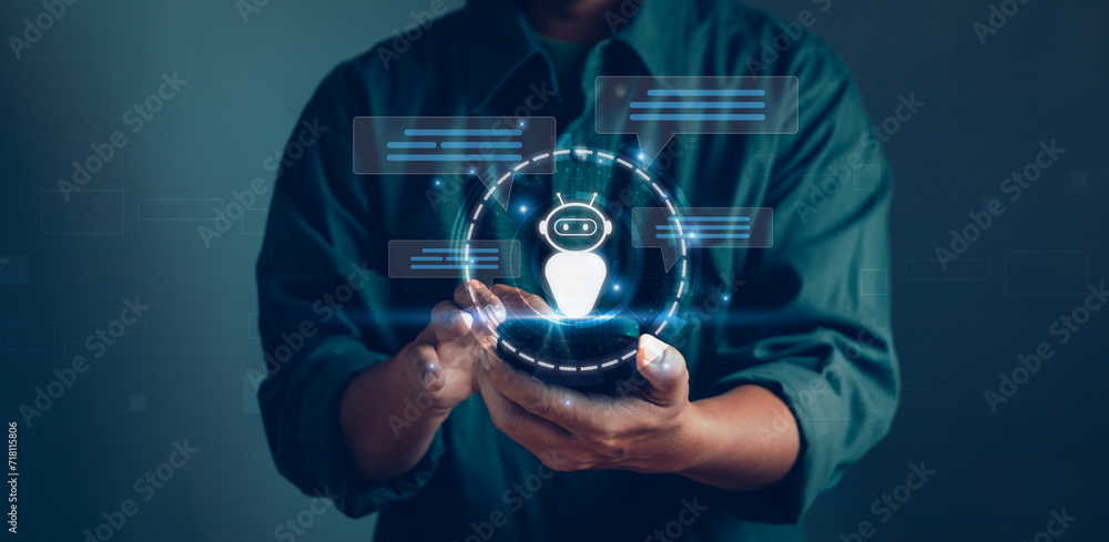 Poster businessman shows chat with ai using global internet connected to smart robot with mobile phone, con