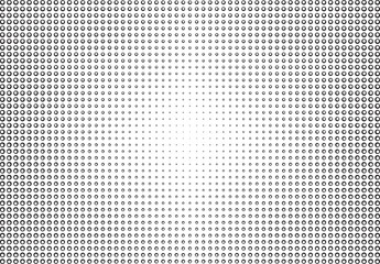 Abstract horizontal halftone effect background with blur towards the center. Black rings, bubbles on a transparent background, optical illusion, expansion of space