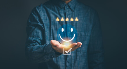 concept of customer satisfaction ,Client experience Best service review, man with smiley face icon...