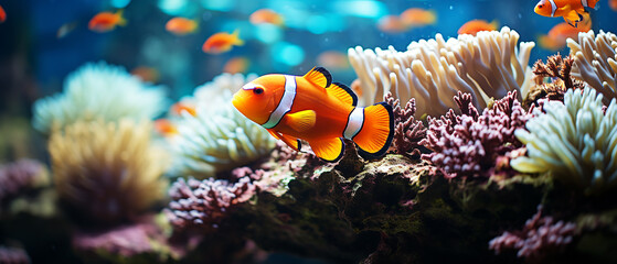 Beautiful clownfish with coral in the sea - obrazy, fototapety, plakaty
