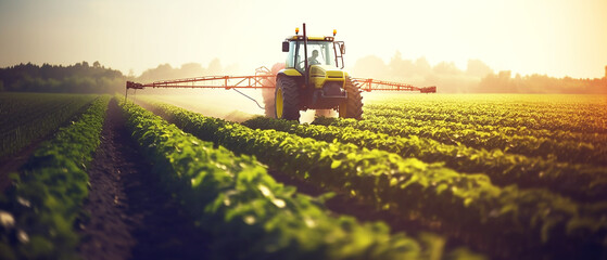 Tractor sprays fertilizer and plant tonics in a yardlong bean garden - obrazy, fototapety, plakaty