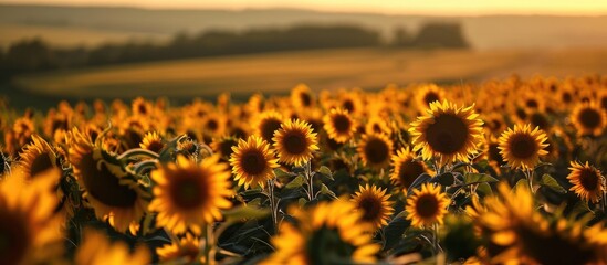 In the distance, a vast field of sunflowers stretches as far as the eye can see, their vibrant yellow petals dancing gracefully in the golden sunlight, waiting patiently for the impending harvest. - Powered by Adobe