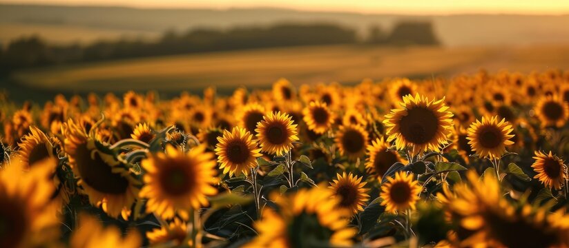 In the distance, a vast field of sunflowers stretches as far as the eye can see, their vibrant yellow petals dancing gracefully in the golden sunlight, waiting patiently for the impending harvest.