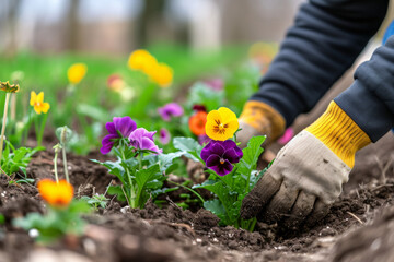 Close-up of a gardener's hands planting spring flowers in a garden.