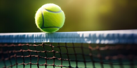 Tennis Match Concept. Yellow Tennis Ball Balancing on Net. Competitive Sport, Outdoors Tournament - obrazy, fototapety, plakaty