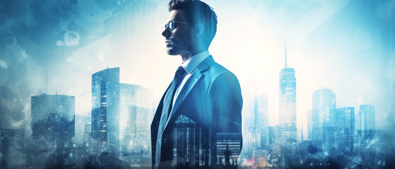 Double exposure businessman with city view background