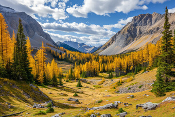 Obraz premium Scenic Landscapes of a high mountain valley and golden Larch Trees, Burstall Pass area of Kananaskis Country Alberta Canada on a sunny Autumn afternoon