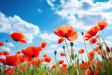 Fototapeta premium A field with red poppies blooming is beautiful in a photo against a bright blue sky