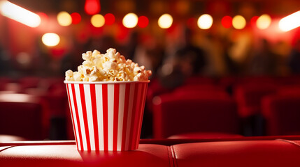 Popcorn in red seat with movie theater background