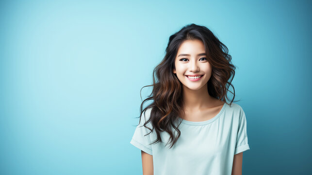 Beautiful woman smiling on blue background
