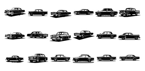 Vector set silhouette of a classic car with a simple and minimalist stencil design style - obrazy, fototapety, plakaty