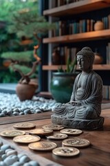 A photo of a financial therapist's office with cryptocurrency symbols in a calming, zen-like setting