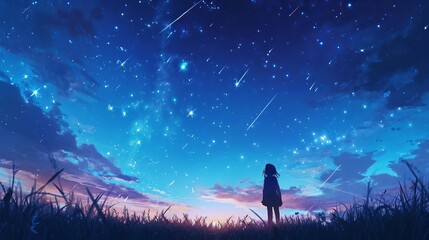 Obraz premium Anime Character Making a Wish Upon Shooting Stars