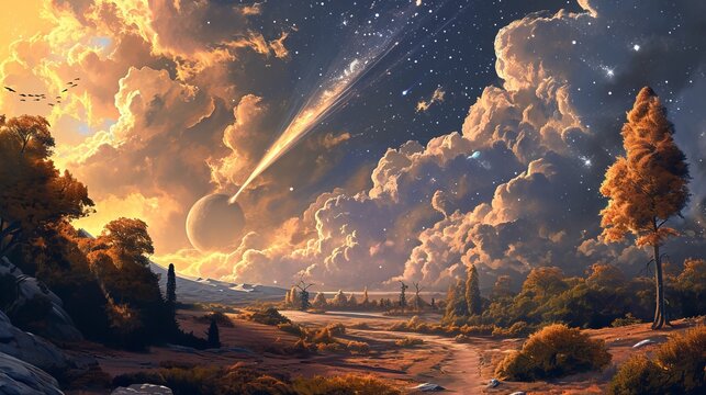 The Celestial Pathway: A Majestic Comet Trail Illuminating the Bridge Between Two Parallel Worlds Amidst a Golden Sunset Landscape