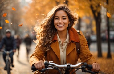 Fototapeta na wymiar Woman riding her bicycle through a autumn urban cityscape